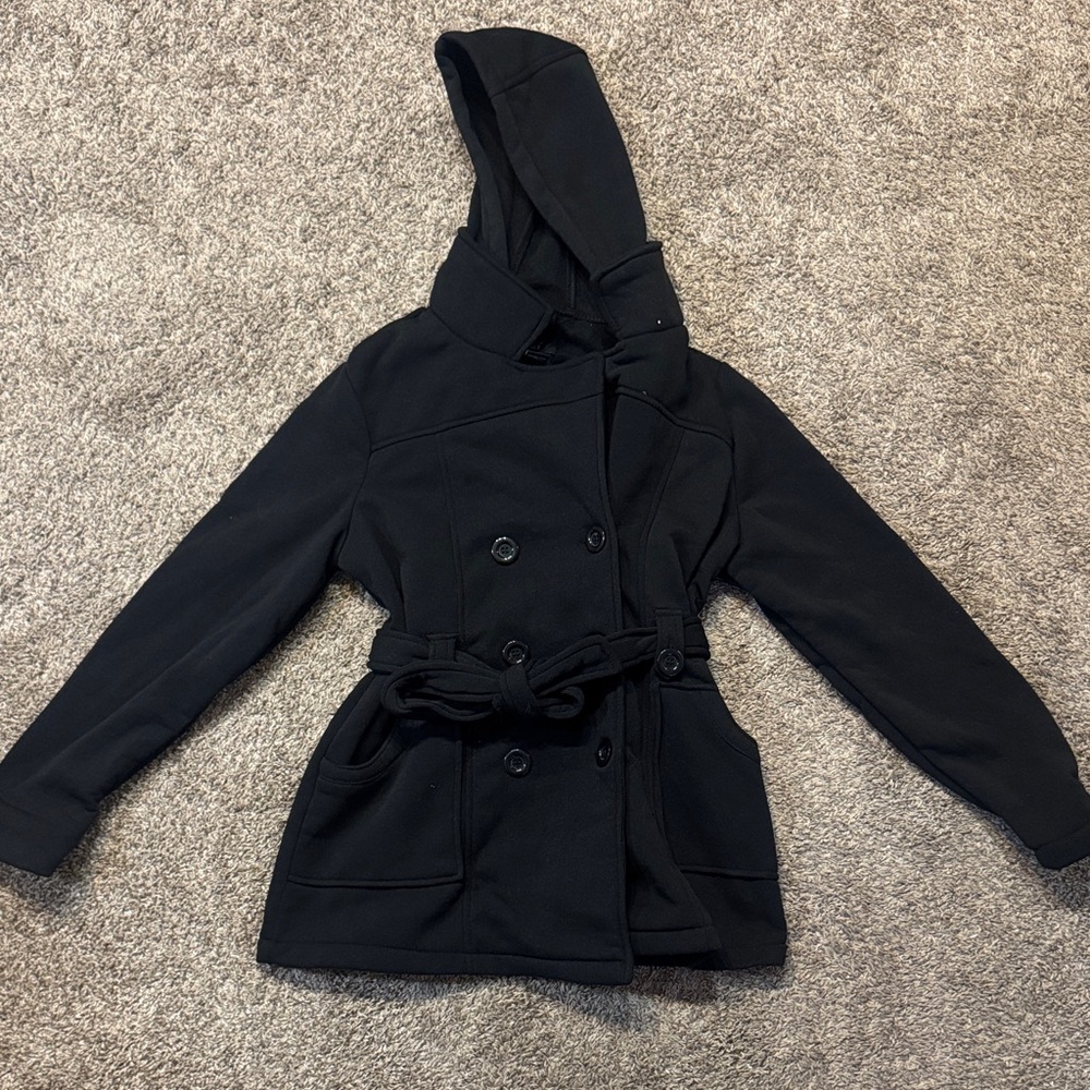 Black Hooded Peacoat with Belt